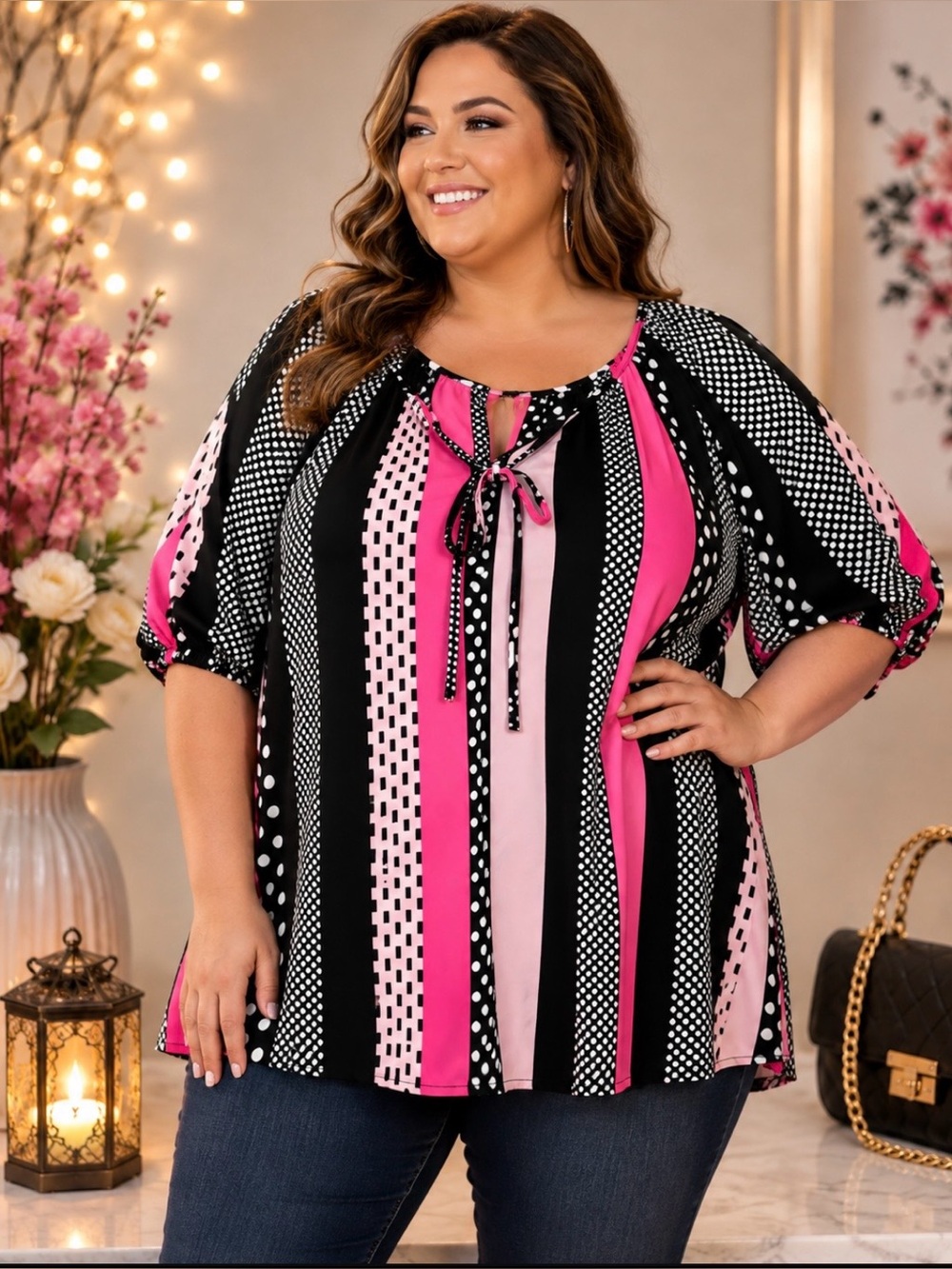 Women's Pink & Black Stripe Peasant Blouse